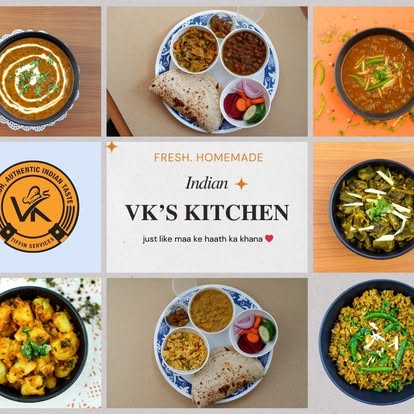 A collage of fresh, homemade Indian dishes from VK's Kitchen